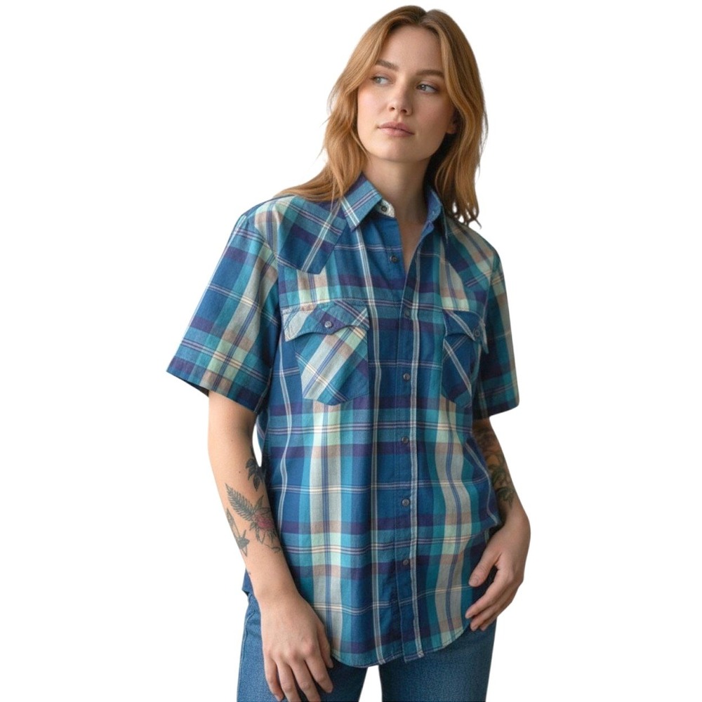 VTG LEVIS Womens Plaid Short Sleeve Pearl Snap‎ Western Shirt Blue Turquoise M